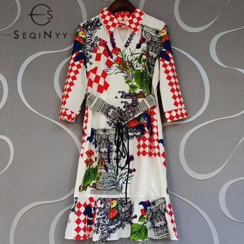SEQINYY Slim Knee Dress Spring Autumn New Fashion Design Women Runway High Street Red Plaid Vintage Flowers Print Elegant