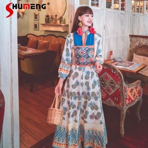 2021 Summer New V-neck Ethnic Print Holiday Dress Travel Long Dress Womens Clothing