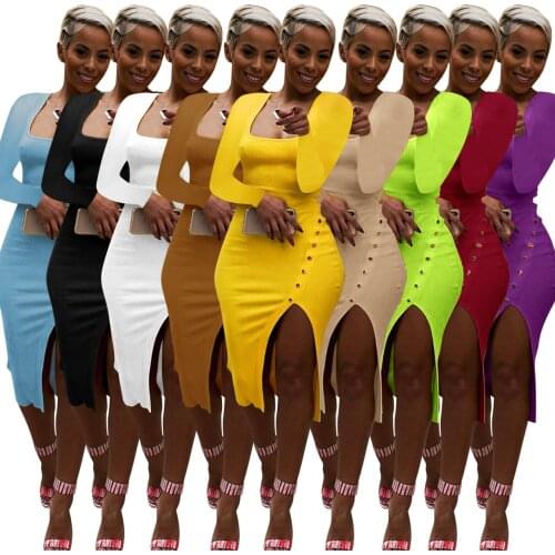 Square Collar Solod Women Knee Lenth Dress Autumn Long Sleeve Knitted Button Up Split Package Hip Dress Club Party Bodycon S-XXL