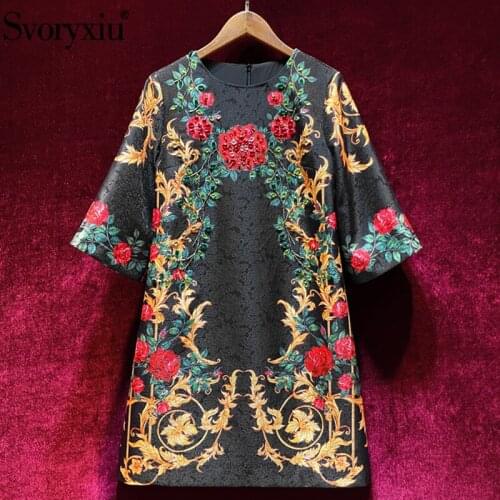 Svoryxiu Runway Designer Autumn Vintage Party Black Short Dress Womens Half Sleeve Rose Flower Print Jacquard Loose Dresses