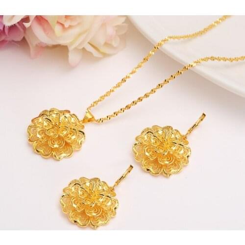 Gold african Ethiopian Flower Jewelry sets for Bride Wedding Jewelry Necklace pendant Earrings womenArab Jewelry Africa Gifts
