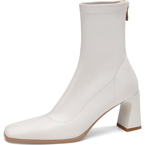 7cm Strange Heel Ankle Boots Women Autumn Winter High Heels Square Toe Fashion Modren Boots Female Black White Brown Zipper Shoe