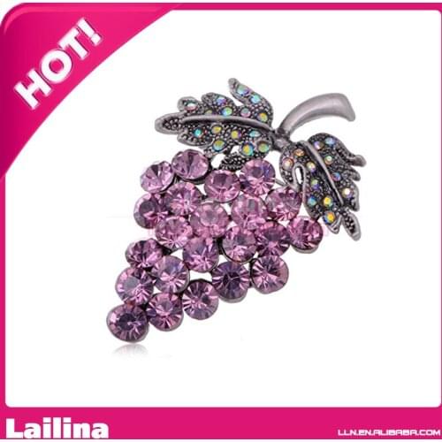 20pcs/lot Silver Tone Purple Grapes With Colored Rhinestones Fruit Brooch Pin