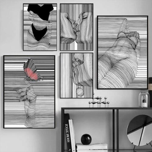 Black and White Canvas Paintings Sketch Line Draw Waves Figure Posters and Modern Prints Wall Art Pictures for Living Home Decor