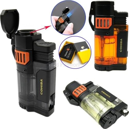 COHIBA Unique Transluce Metal & Plastic Windproof Cigar Cigarette Lighter 3 Torch Jet Flame Lighters With Punch Gift Box