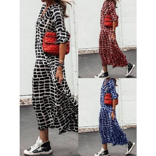 Long Dress Women Casual Half Sleeve Plaid Slim Loose Big Hem Elegant Maxi Dresses Robes Streetwear Cool Summer 2021 Vestidos