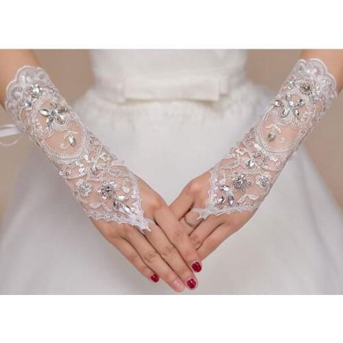 Pretty 2020 Beading Long Wedding Gloves Bridal Lace Fingerless