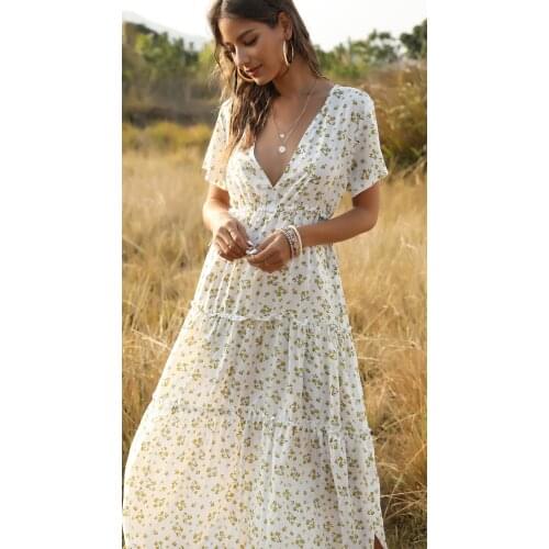 DUISNENA long boho dress v-neck floral print women dresses casual chiffon layered ruffled robe summer vestidos