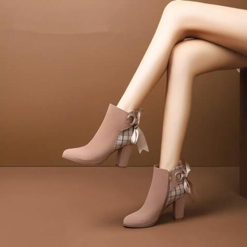 Elegant Women Boots Zipper Flock Bow Knot Square High Heel Winter Boots Women Warm Fashion Ladies Shoes Ankle Boot for Women