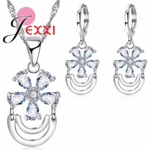 New Flower Shape Fashion Austrian Crystal Pendants Necklaces Earring Set Silver Bridal Wedding Jewelry Sets For Woman
