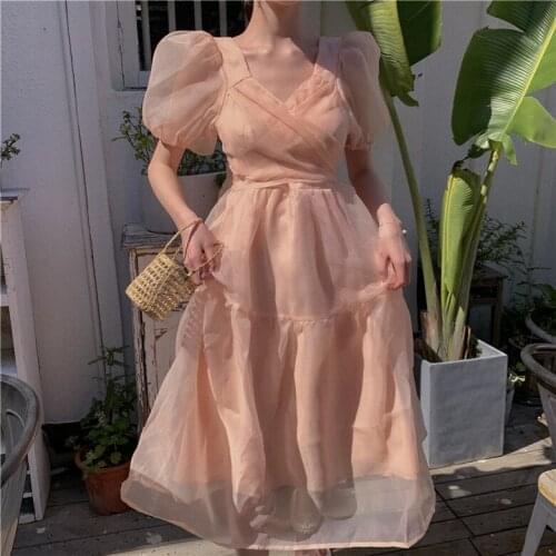 Summer French Temperament Dress Sweet V-Neck Tender Girl Short Puff Sleeve Dress Gauze Bandage Bow Dress Women Party Dresses