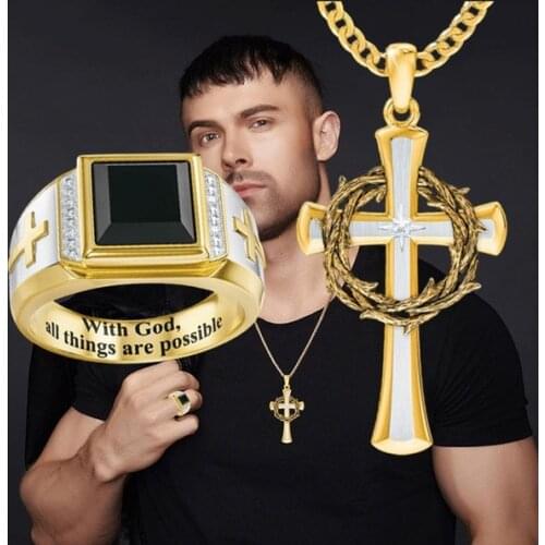 2021 New Fashion Religious Jesus Cross Necklace Ring Set Man Gold Color Pendent with Chain Rings Jewelry Gifts for Men