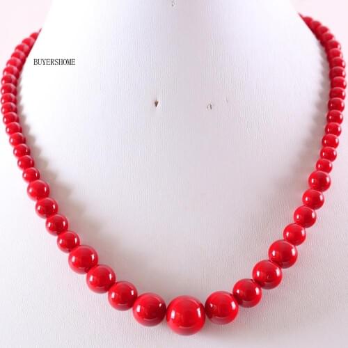 Women Jewelry 6-14MM Natural Stones Round Beads Red Coral Necklace 18" 1Pcs RE106