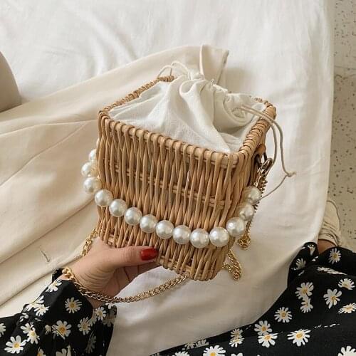 Weave Round Box Crossbody Bags Handbags For Women 2020 Summer Travel Female Chain Lady Shoulder Messenger Bags Pearl Handle Tote