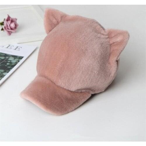 Real Lamb Fur Hats Pink Ear Cute Cap Winter Warm Women Baseball Caps with Brim
