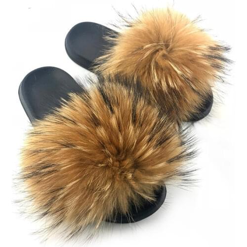 Really Fox Fur Slides Shoes for Women Summer Fashion Home Furry Sandals Indoor Flat Ladies Fox Hair Slippers Wholesale