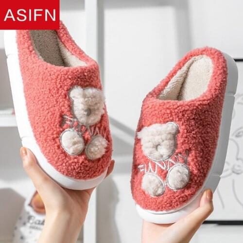 ASIFN Cartoon Bear Slippers Winter Cotton Women Plush Home Indoor Cute Bear Mules Thick-soled Men Slipper Zapatos De Mujer Shoes