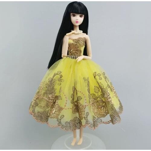 Yellow Floral Ballet Dress For Barbie Doll Outfits 1/6 Dolls Accessories Rhinestone Clothes 3-layer Skirt Ball Party Gown Toy