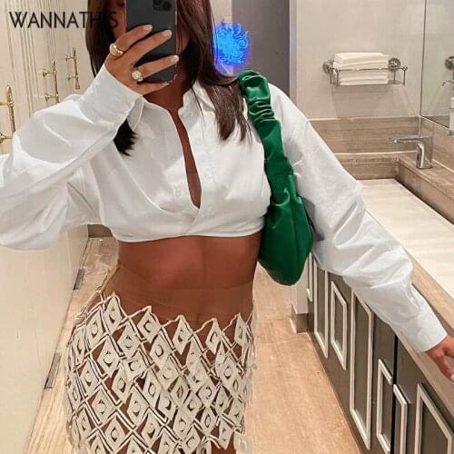 WannaThis Turn-down Collar Cropped Shirt Women Long Sleeve Lace Up Waist Button Sexy Born Sweet Tee Woman Chic Clothing 2021 Top