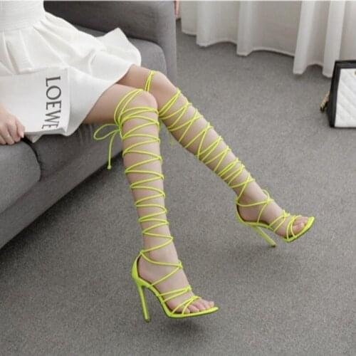 2021 New Women Gladiator Knee High Sandals Open Toe Lace Up Cross Strappy Sandals Women High Heels Fashion Sexy Shoes
