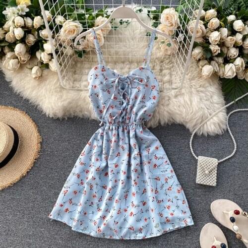 Womens Seaside Holiday Floral Print Dress Summer 2021 New Sexy Spaghetti Strap Lacing Waist Cyber Celebrity Skirt Pants ML822