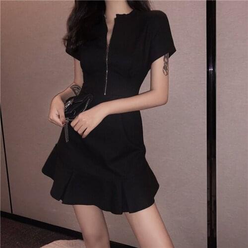 Dress Women Simple Korean High Waist Trendy Slim All-match Summer Dresses Leisure Ruffles Elegant Short Sleeve Clothing Female