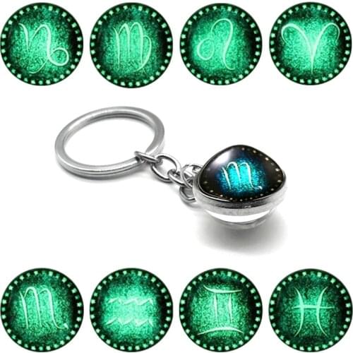 12 Zodiac Sign Constellation Luminous Keychain Zodiac Double Sided Cabochon Crescent Key Ring Birthday Gifts Jewelry Men Women