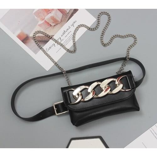 2021 Waist Packs for Women Black PU Leather Waist Belt with Phone Purse Bag Metal Chain Mini Flap Messenger Bag Female Waist Bag