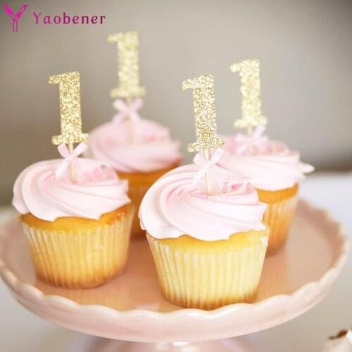 10pcs Glitter 1 Paper Cupcake Topper First Happy Birthday Party Decorations Adult Kids Boy Girl Baby 1st One Year Table Supplies