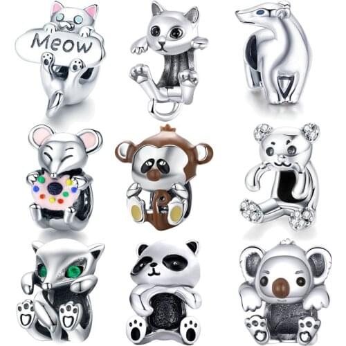 BISAER 925 Sterling Silver French Bulldog Dog Animal Bear cat pussy silver Beads Charms Fit Original Silver 925 Jewelry Making