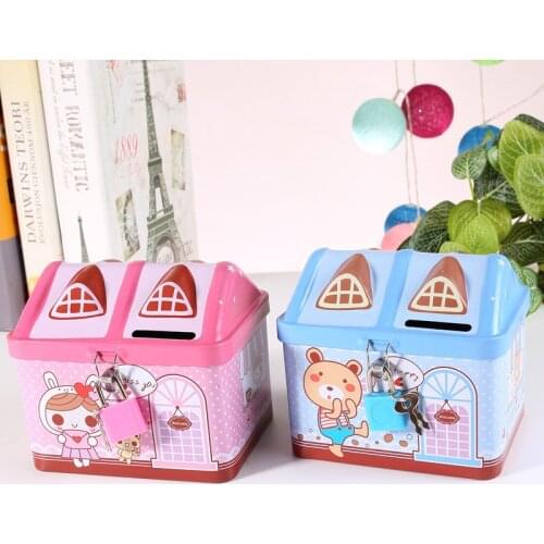 Kids Birthday gift Saving coin bank Tinplate house boy and girl piggy bank children cartoon savings coin jar storage box
