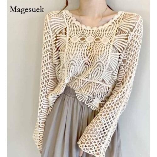 Korean Chic Round Neck Lace Crochet Hollow Shirt For Women Tops Long Sleeve Sunscreen Woman Blouses Fashion Clothing 2021 12693