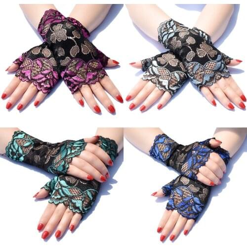 Short summer thin section two-color lace sun protection half-finger gloves female riding UV protection dance performance gloves