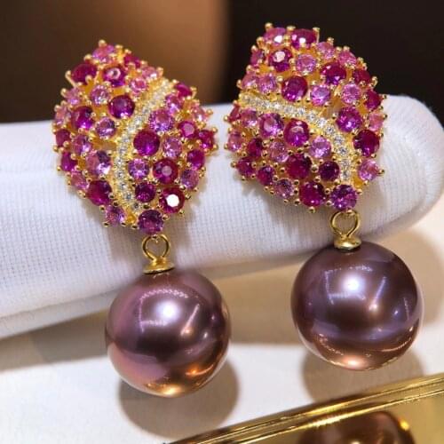 M131 Solid 925 Sterling Silver Round 10-11mm Nature Fresh Water Purple Pearls Drop Dangle Earrings for Women Fine Birthday Gifts