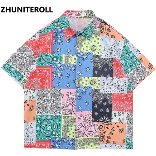Fashion Paisley Print Hawaiian Shirt Harajuku Streetwear Hip Hop Patchwork Beach Shirt Summer Short Sleeve Aloha Casual Shirt