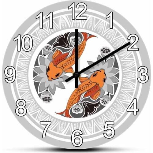 Chinese Carp Fish Yin Yang Feng Shui Silent Printed Wall Clock Koi Fish Zodiac Home Décor Clock Goldfishes Artwork Wall Watch