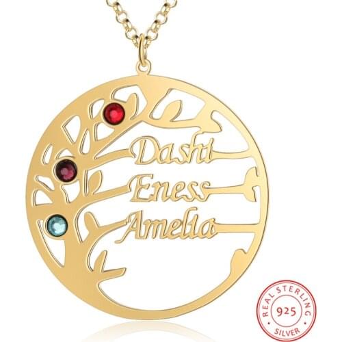 Personalized Necklaces 925 Sterling Sliver Tree Name Necklace Pendant Engraved 3 Names Birthstones Anniversary Gift for Women