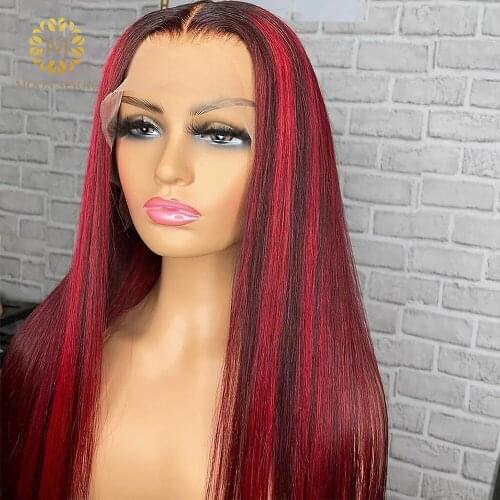 Highlight Wig Red Colored Human Hair Wigs Burgundy Lace Front Wig 99j Bone Straight Human Hair Wedge Wigs For Women Transparent