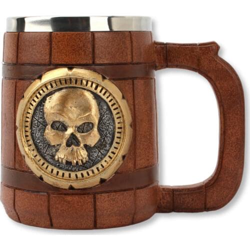 Retro Stainless Steel Skull Beer Mug Wood Simulation Barrel Cup Viking Warrior Skull Tankard Medieval Beer Cup 600ML