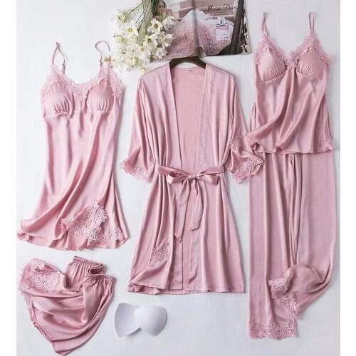 Pink Lace Trim Pajamas Set Women Satin 5PCS Sleepwear Spring Summer Loungewear Femme Pijamas Suit Elastic Waist Home Clothes