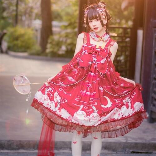 Chinese Style Retro Lolita Dress Vintage Lace Bowknot Cute Printing High Waist Dress Kawaii Anime Girl Gothic Lolita Jsk Cos