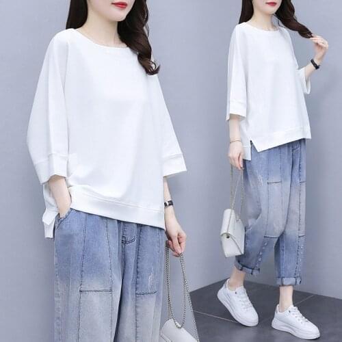 Large size casual jeans with three-quarter sleeves top suit female spring and summer new t-shirt fashion two-piece suit
