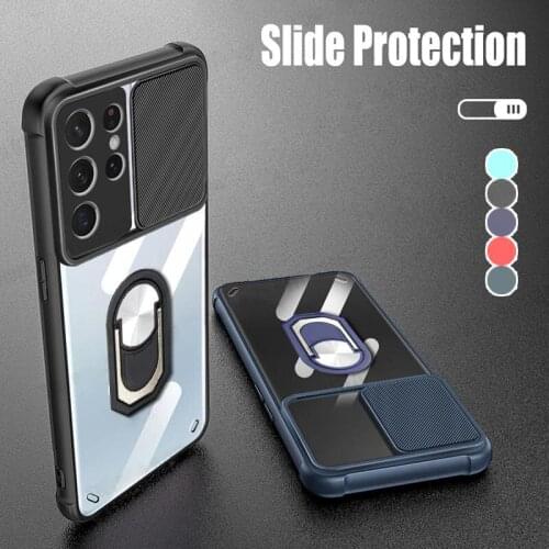 Slide Lens Protection Phone Case For Samsung Galaxy A52 A72 A42 A32 5G A51 A71 A50 A21S S21Ultra Clear Acrylic Ring Holder Cover