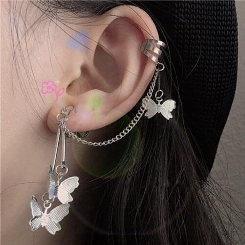 2021New Cool Personality Fashion Dark Style Girl Butterfly Earrings Metal Alloy Tassel Earrings Earbone Ear Clip No Pierced Ears