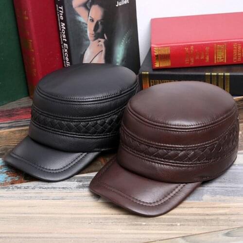 XMAOMEIX 2021 New Mens Leather Cap Warm Ear Protection Cowhide Military Hat Adjustable Size Natural Leather Flat Hats For Men