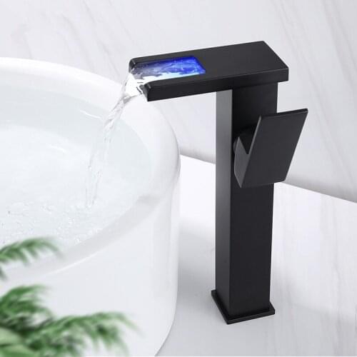 Basin Faucet LED Bathroom Waterfall Faucet Black Brass Basin Faucet. Bathroom Mixer Tap Deck Mounted Basin Sink Mixer Tap