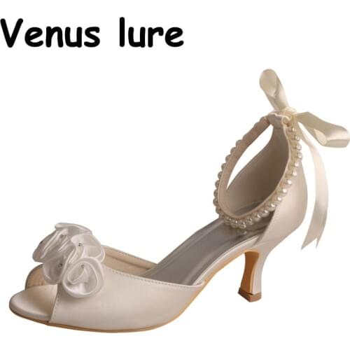 Handmade Peep Toe Ankle Pearl Strap Wedding Bride Sandals Flower Mid Heels