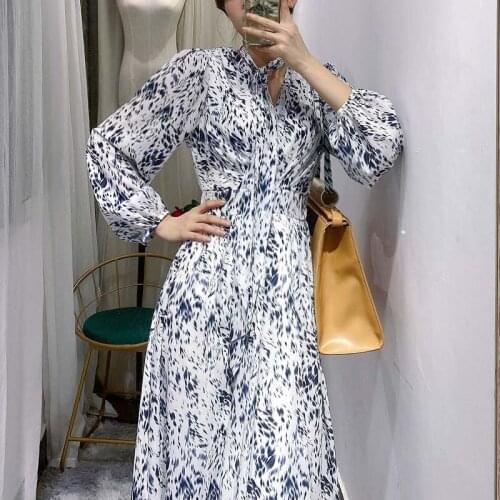 Spring Women Printing Plus Size V-neck Belt Dresses Female Leopard Printed Long Sleeve Floral Skirt