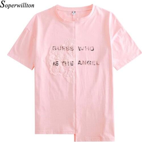 Women Print T Shirt Irregular 2021 Summer Short Sleeve Top Lady Female Clothing Fashion Trendy Trendy Loose Pink Black White