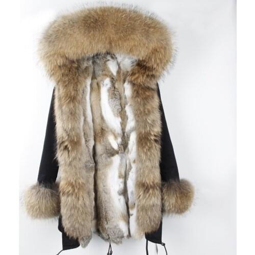 Winter Rabbit Fur Jacket Women Coat Real Fur Coat Long Parka Waterproof Raccoon Collar Hood Thick Warm Natural Rabbit Fur Coat